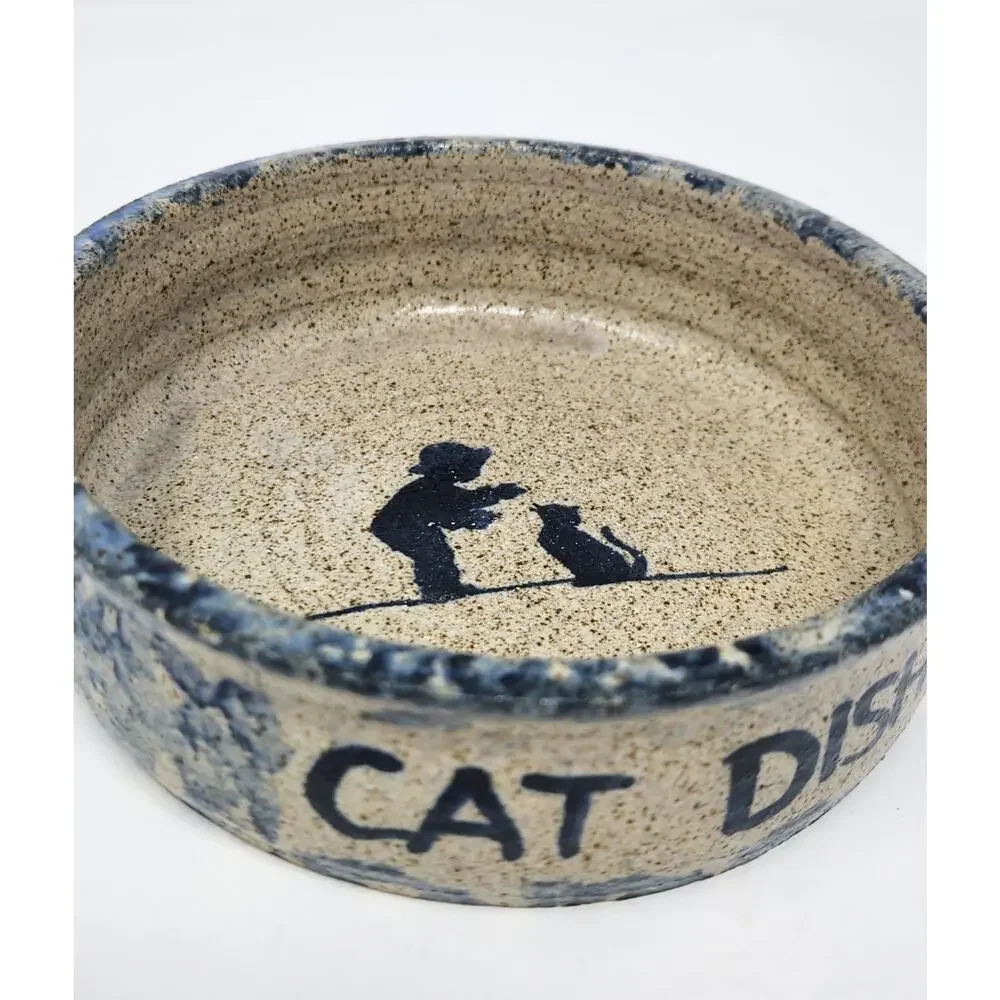Cat Dish | Spongeware Blue Speckled Stoneware - Sugarcamp Pottery Signed